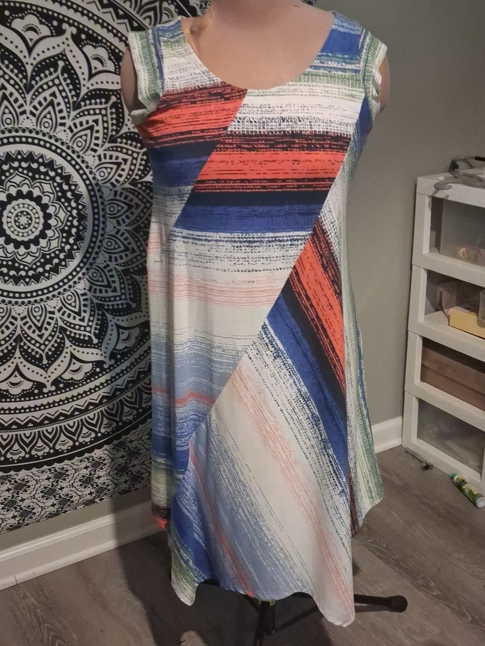 JohnPaulRichard Striped Maxi Dress in Blue, Coral & Green